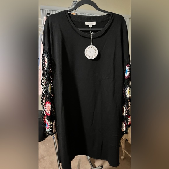 Umgee Cotton Black Dress with Crocheted Arms Design - Picture 1 of 16
